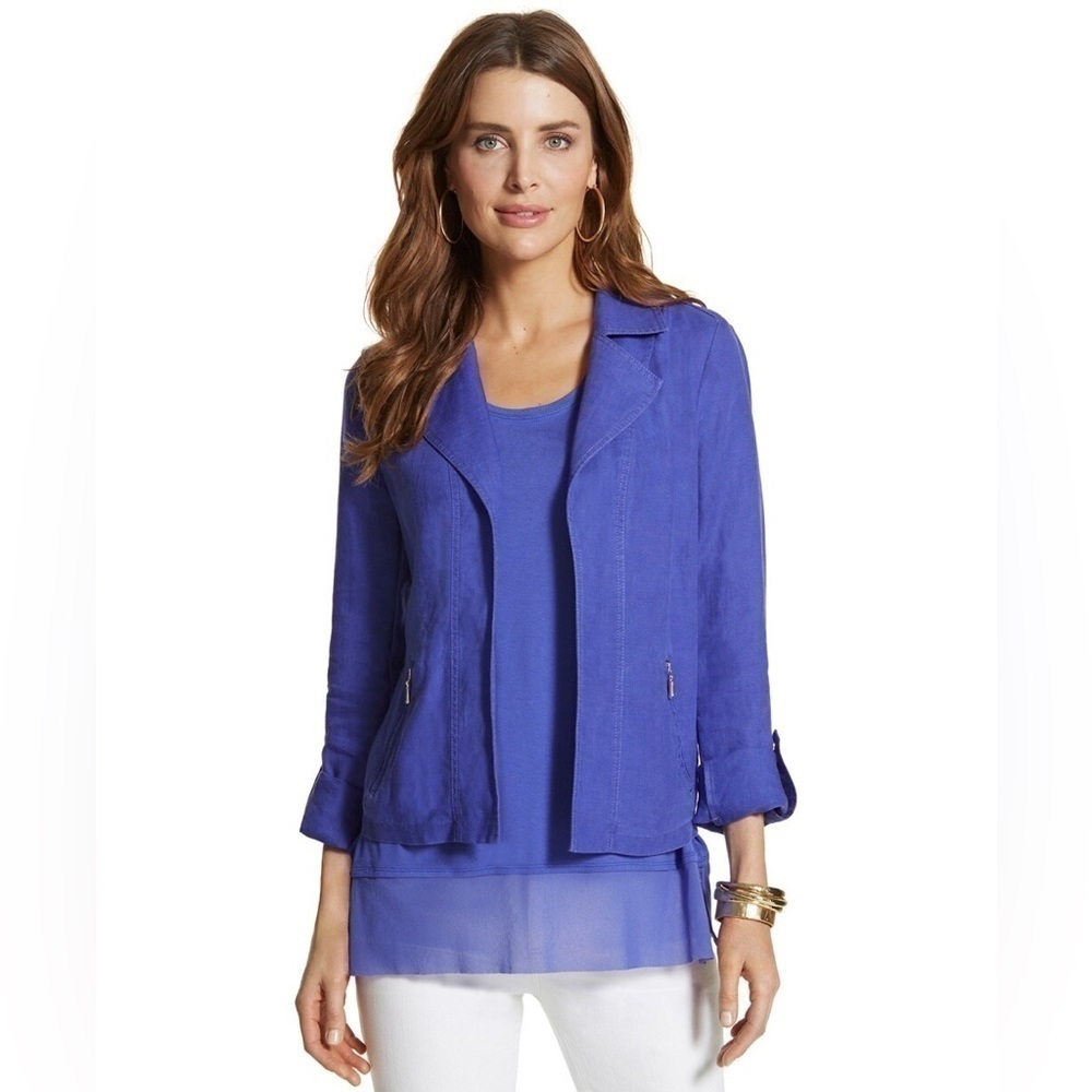 Chico's Linen Purple Blue Open Moto Jacket Blazer Minimalist Lagenlook